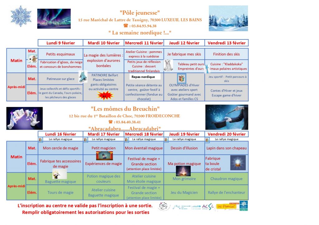 Planning Accueils de loisirs - Vacances Février 2026