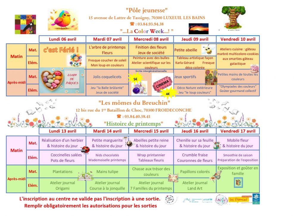 CCPLx Accueils de loisirs planning vacancess avril 2026